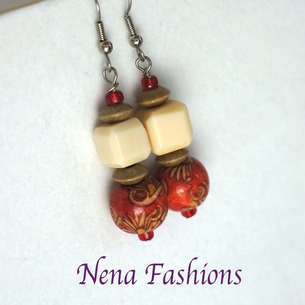 Red and Cream Wood Earrings